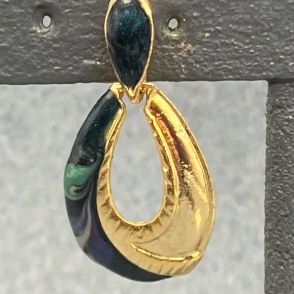 Clip On Earrings As Is Teardrop Hoop Gold Green Red Cream Enamel Swirl USA - Picture 2 of 7